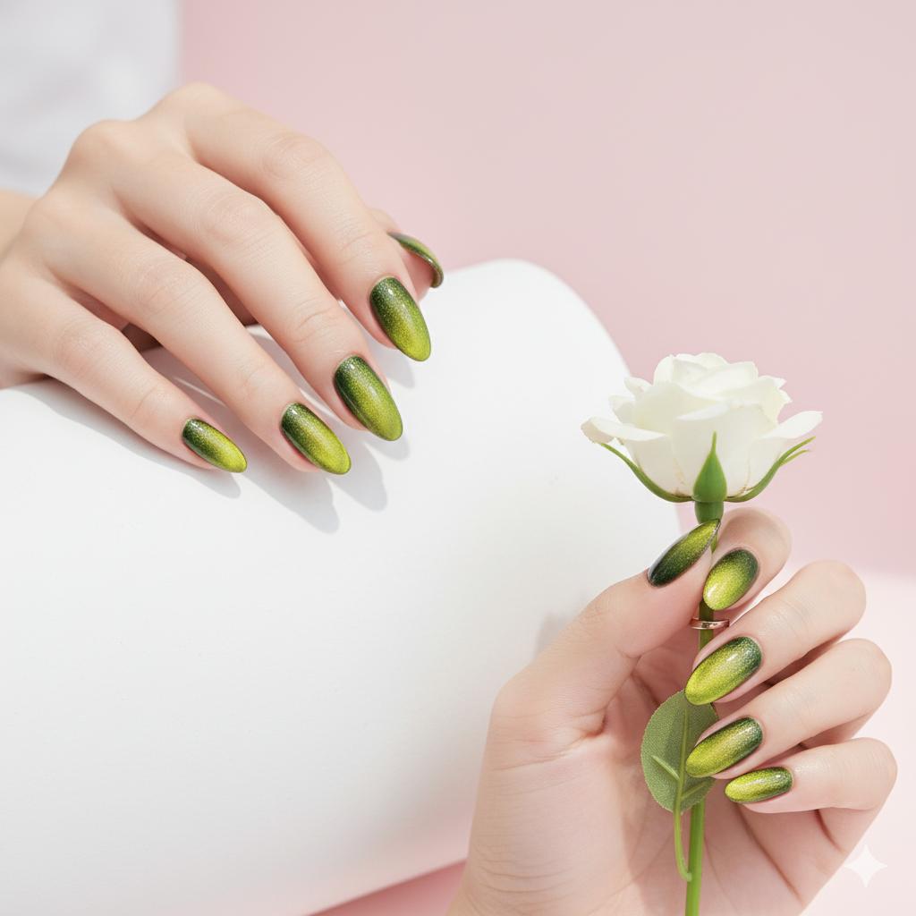 Blisss Nails' Press On Nails  Green Almond Cat Eye Effect Almond Shape