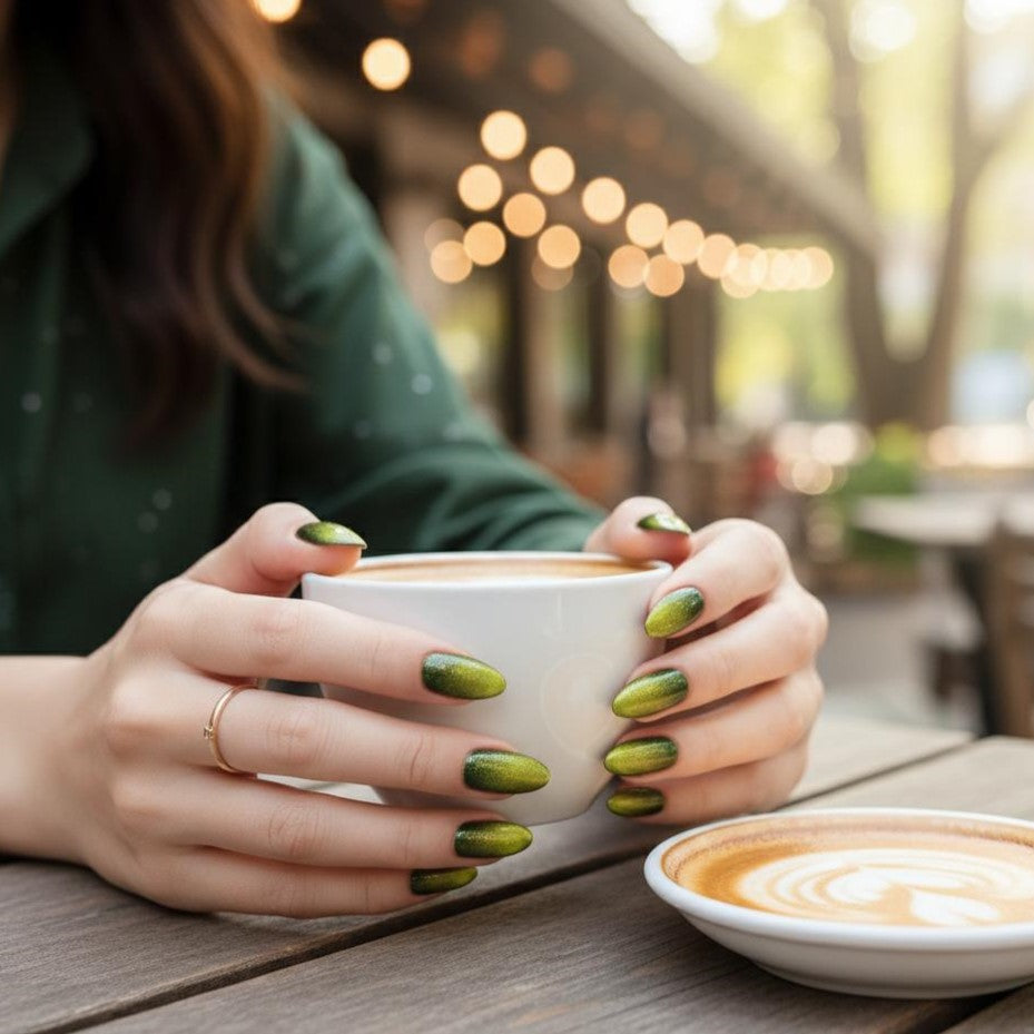 Blisss Nails' Press On Nails  Green Almond Cat Eye Effect Almond Shape
