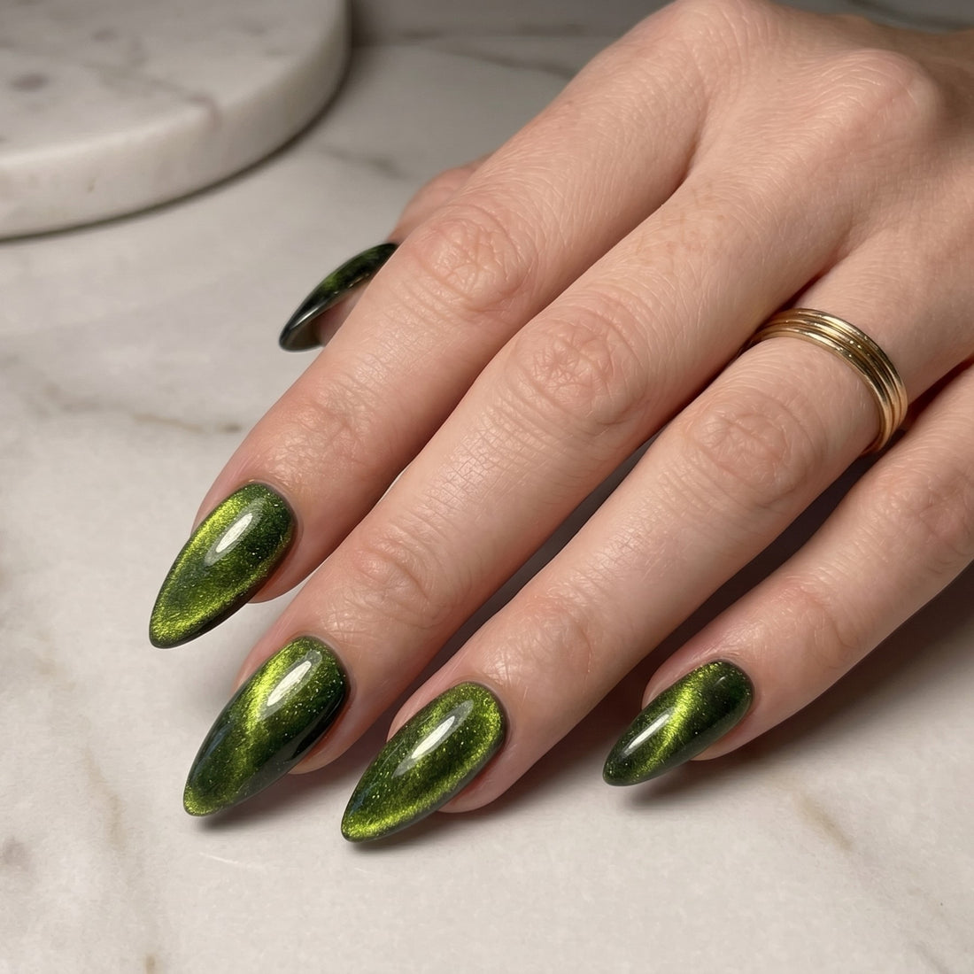 Blisss Nails Handmade Premium Press On Nails - Mossy Forest Green Cat Eye Magnetic Effect, Reusable Artificial Nails, Short Almond Stiletto Shape, Luxury Shimmer Finish Salon-Quality Fake Nails 10 Pcs Nail Set