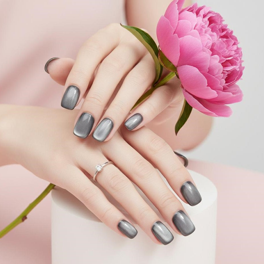 Blisss Nails Handmade Premium Press On Nails – Grey Gunmetal Slate Silk Cat Eye Magnetic Effect, Reusable Artificial Nails, Short Square Round Shape, Luxury Shimmer Finish Salon-Quality Fake Nails 10 Pcs Nail Set
