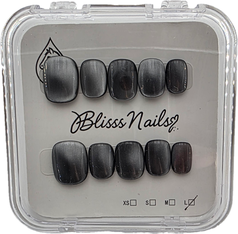 Blisss Nails Handmade Premium Press On Nails – Grey Gunmetal Slate Silk Cat Eye Magnetic Effect, Reusable Artificial Nails, Short Square Round Shape, Luxury Shimmer Finish Salon-Quality Fake Nails 10 Pcs Nail Set
