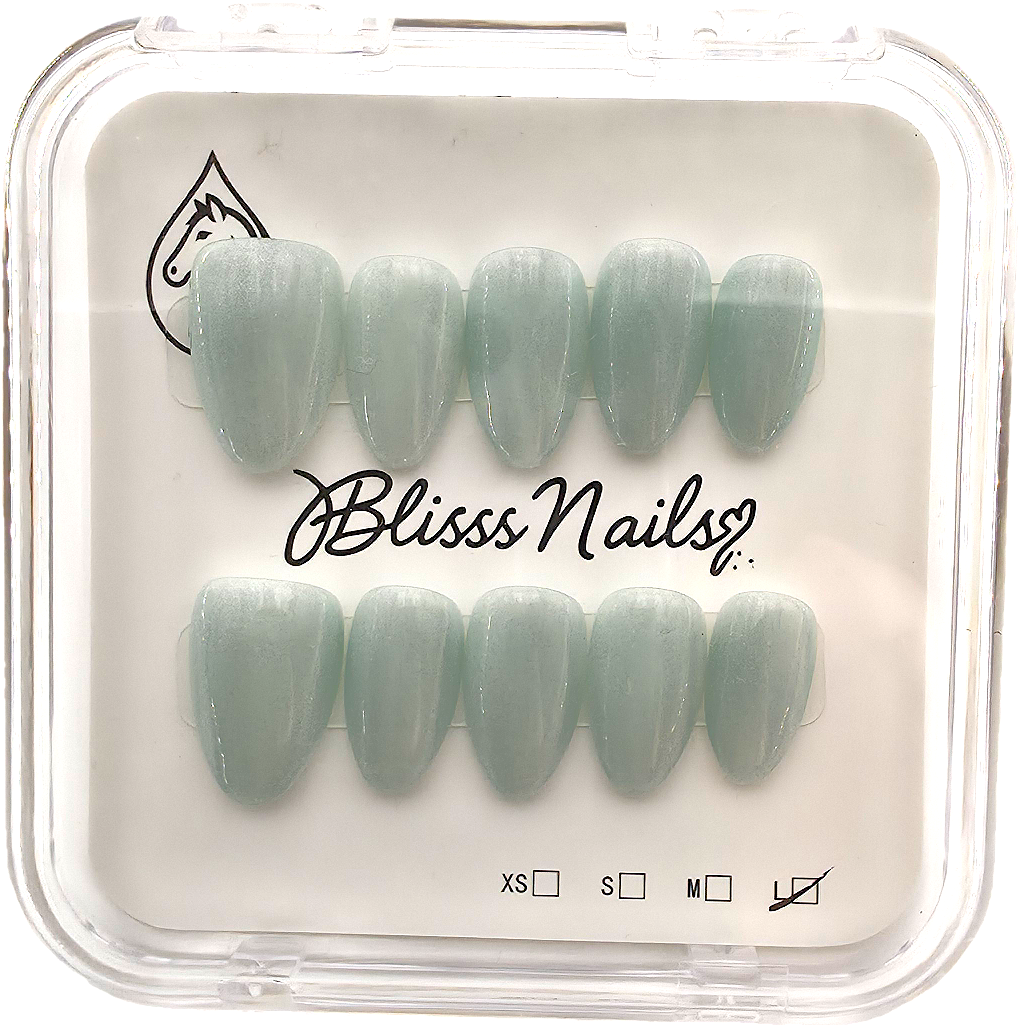 Blisss Nails Handmade Premium Press On Nails - Icy Seafoam Blue/Green Cat Eye Magnetic Effect, Reusable Artificial Nails, Short Almond Stiletto Shape, Luxury Shimmer Finish Salon-Quality Fake Nails 10 Pcs Nail Set