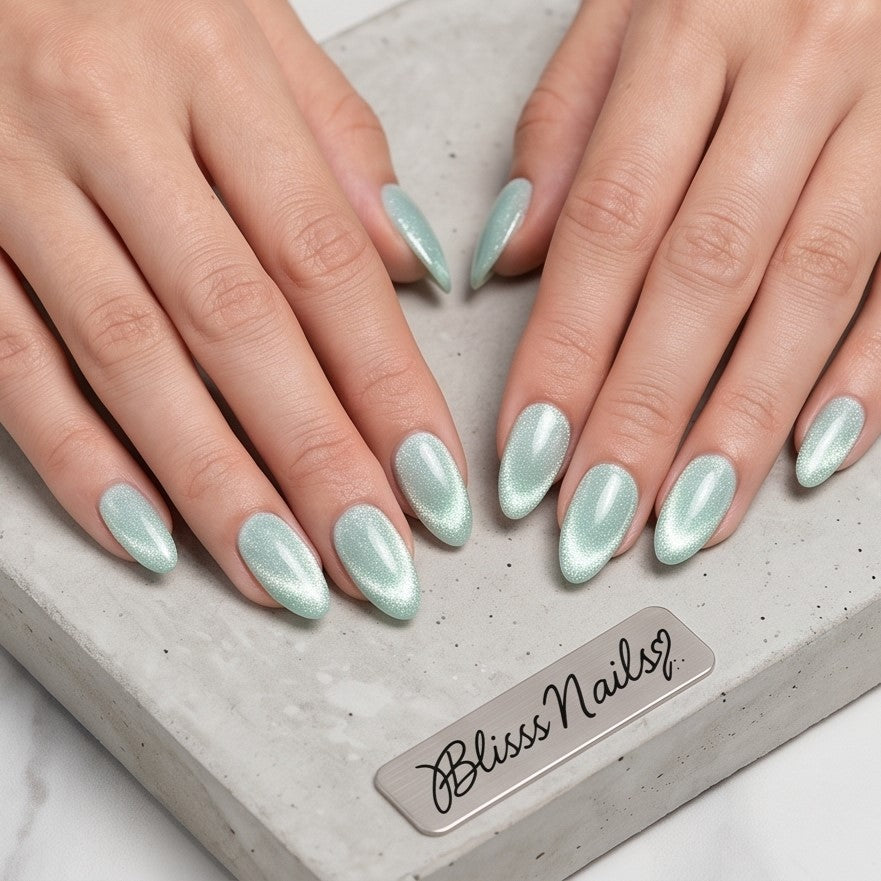 Blisss Nails Handmade Premium Press On Nails - Icy Seafoam Blue/Green Cat Eye Magnetic Effect, Reusable Artificial Nails, Short Almond Stiletto Shape, Luxury Shimmer Finish Salon-Quality Fake Nails 10 Pcs Nail Set