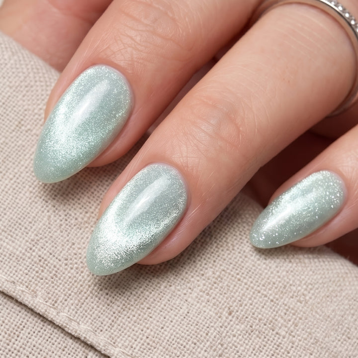 Blisss Nails Handmade Premium Press On Nails - Icy Seafoam Blue/Green Cat Eye Magnetic Effect, Reusable Artificial Nails, Short Almond Stiletto Shape, Luxury Shimmer Finish Salon-Quality Fake Nails 10 Pcs Nail Set
