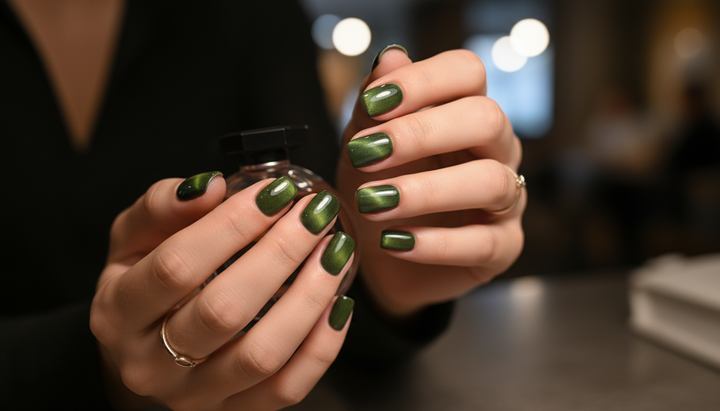 Blisss Nails Handmade Premium Press On Nails - Dark Forest Green Cat Eye Magnetic Effect, Reusable Artificial Nails, Short Square Round Shape, Luxury Glossy Finish Salon-Quality 10 Pcs Nail Set