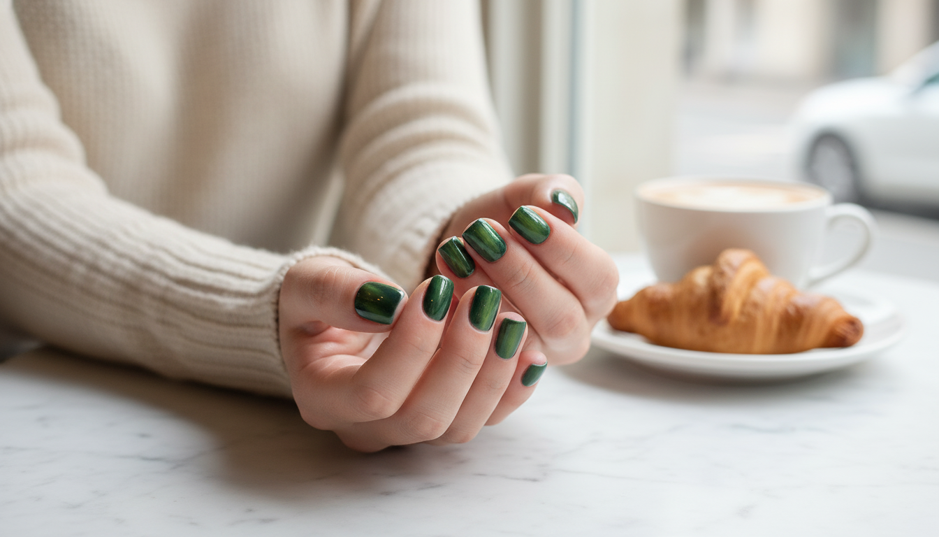 Blisss Nails Handmade Premium Press On Nails - Dark Forest Green Cat Eye Magnetic Effect, Reusable Artificial Nails, Short Square Round Shape, Luxury Glossy Finish Salon-Quality 10 Pcs Nail Set