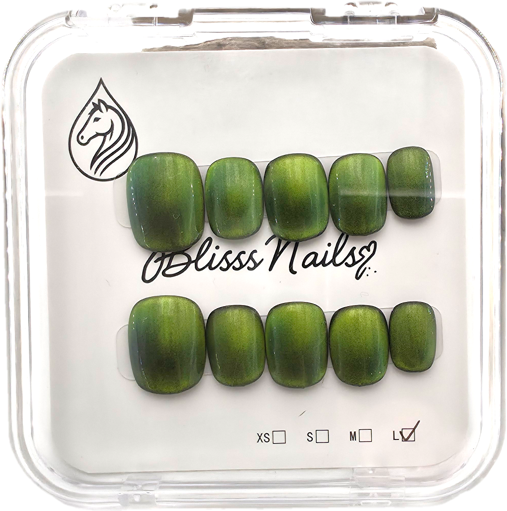 Blisss Nails Handmade Premium Press On Nails - Dark Forest Green Cat Eye Magnetic Effect, Reusable Artificial Nails, Short Square Round Shape, Luxury Glossy Finish Salon-Quality 10 Pcs Nail Set