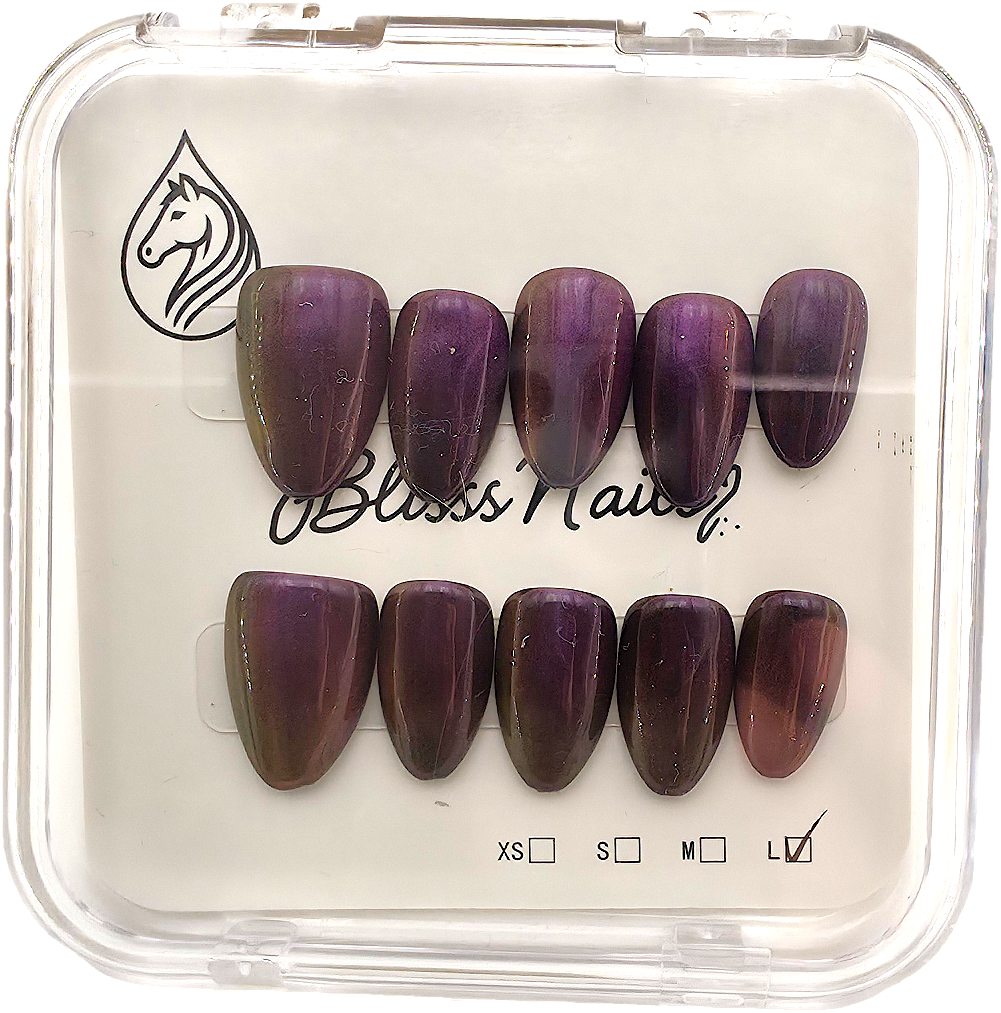 Blisss Nails Handmade Premium Press On Nails - Royal Amethyst Deep Purple Cat Eye Magnetic Effect, Reusable Artificial Nails, Short Almond Stiletto Shape, Luxury Shimmer Finish Salon-Quality False Nails 10 Pcs Nail Set