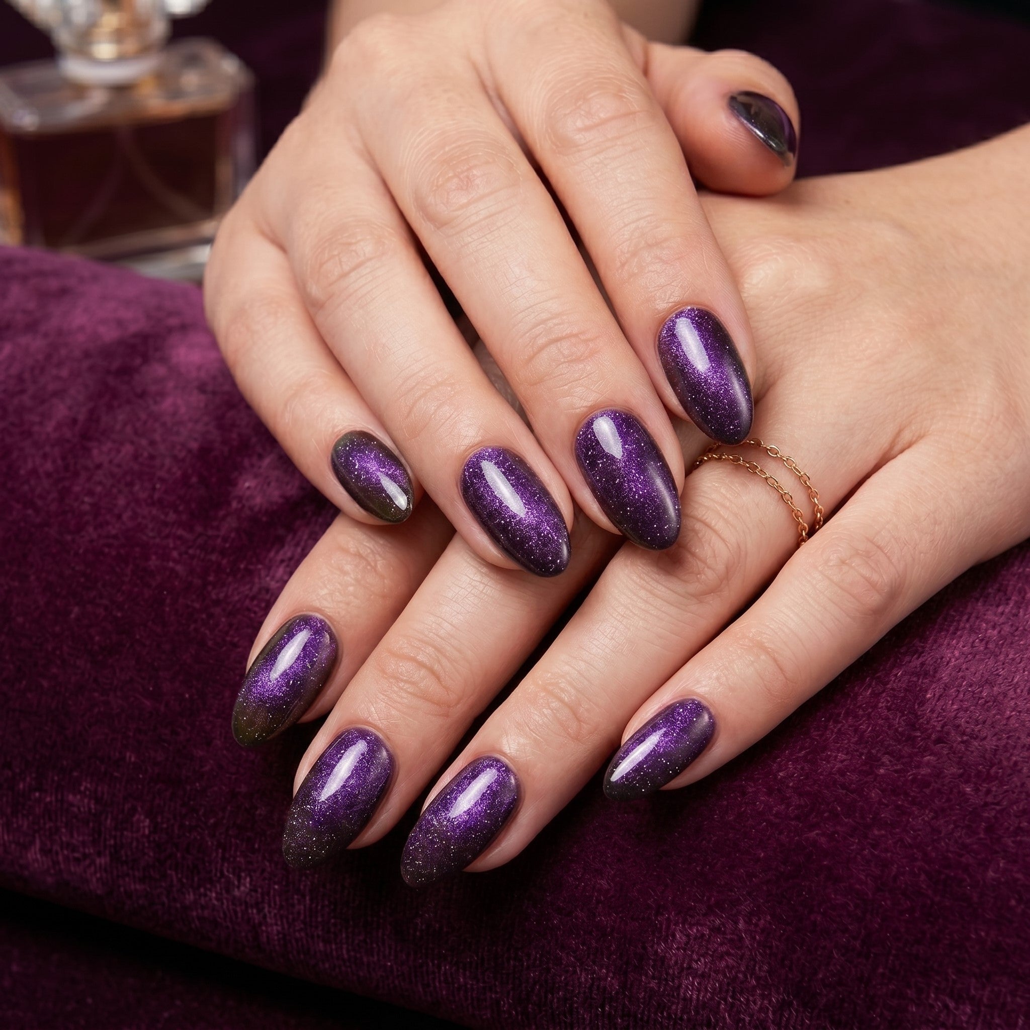 Blisss Nails Handmade Premium Press On Nails - Royal Amethyst Deep Purple Cat Eye Magnetic Effect, Reusable Artificial Nails, Short Almond Stiletto Shape, Luxury Shimmer Finish Salon-Quality False Nails 10 Pcs Nail Set