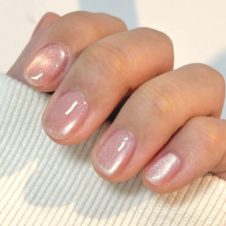 Blisss Nails Handmade Premium Press On Nails - Soft Pink Rose Quartz Cat Eye Magnetic Effect, Reusable Artificial Nails, Short Square Round Shape, Elegant Shimmer Finish Salon-Quality 10 Pcs Nail Set