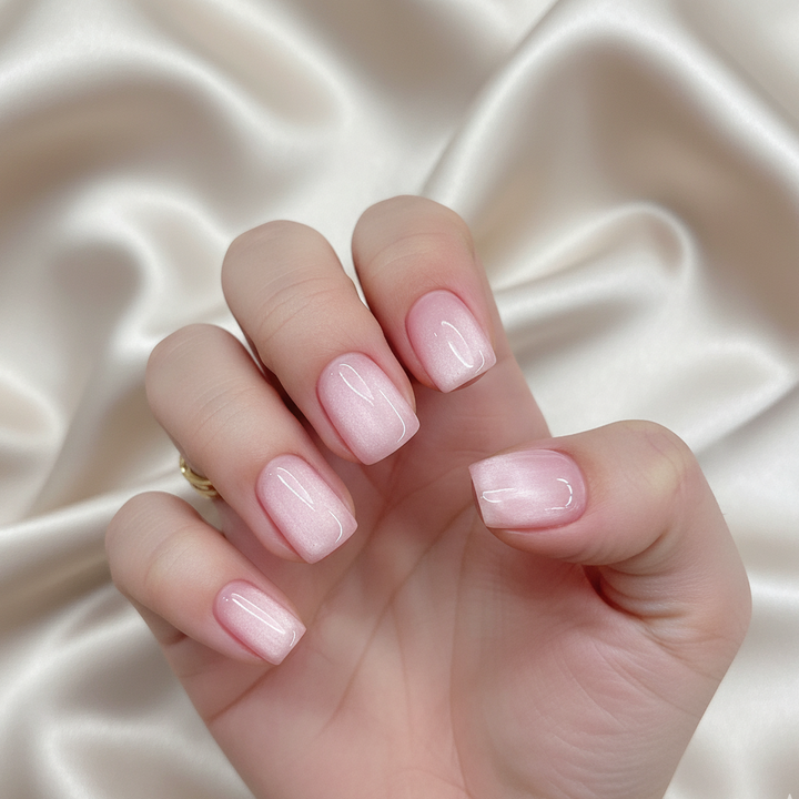 Blisss Nails Handmade Premium Press On Nails - Soft Pink Rose Quartz Cat Eye Magnetic Effect, Reusable Artificial Nails, Short Square Round Shape, Elegant Shimmer Finish Salon-Quality 10 Pcs Nail Set