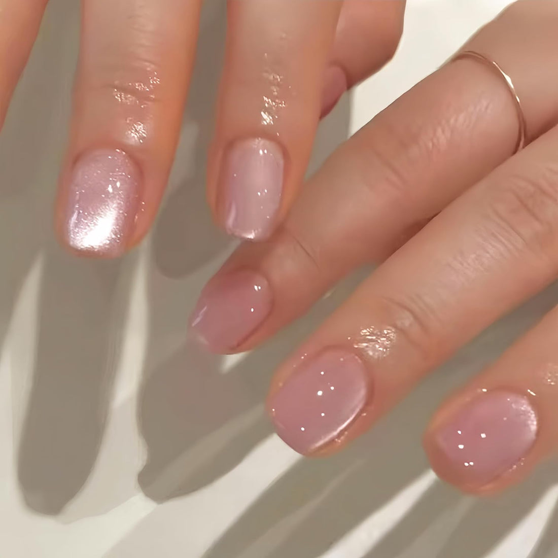 Blisss Nails Handmade Premium Press On Nails - Soft Pink Rose Quartz Cat Eye Magnetic Effect, Reusable Artificial Nails, Short Square Round Shape, Elegant Shimmer Finish Salon-Quality 10 Pcs Nail Set