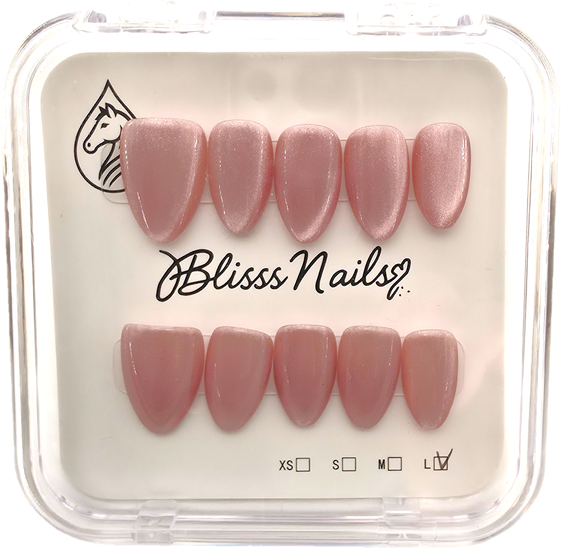 Blisss Nails Handmade Premium Press On Nails - Dusty Mauve Pink Rose Cat Eye Magnetic Effect, Reusable Artificial Nails, Short Almond Stiletto Shape, Luxury Shimmer Finish Salon-Quality Fake Nails 10 Pcs Nail Set
