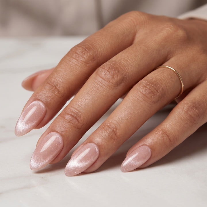 Blisss Nails Handmade Premium Press On Nails - Dusty Mauve Pink Rose Cat Eye Magnetic Effect, Reusable Artificial Nails, Short Almond Stiletto Shape, Luxury Shimmer Finish Salon-Quality Fake Nails 10 Pcs Nail Set