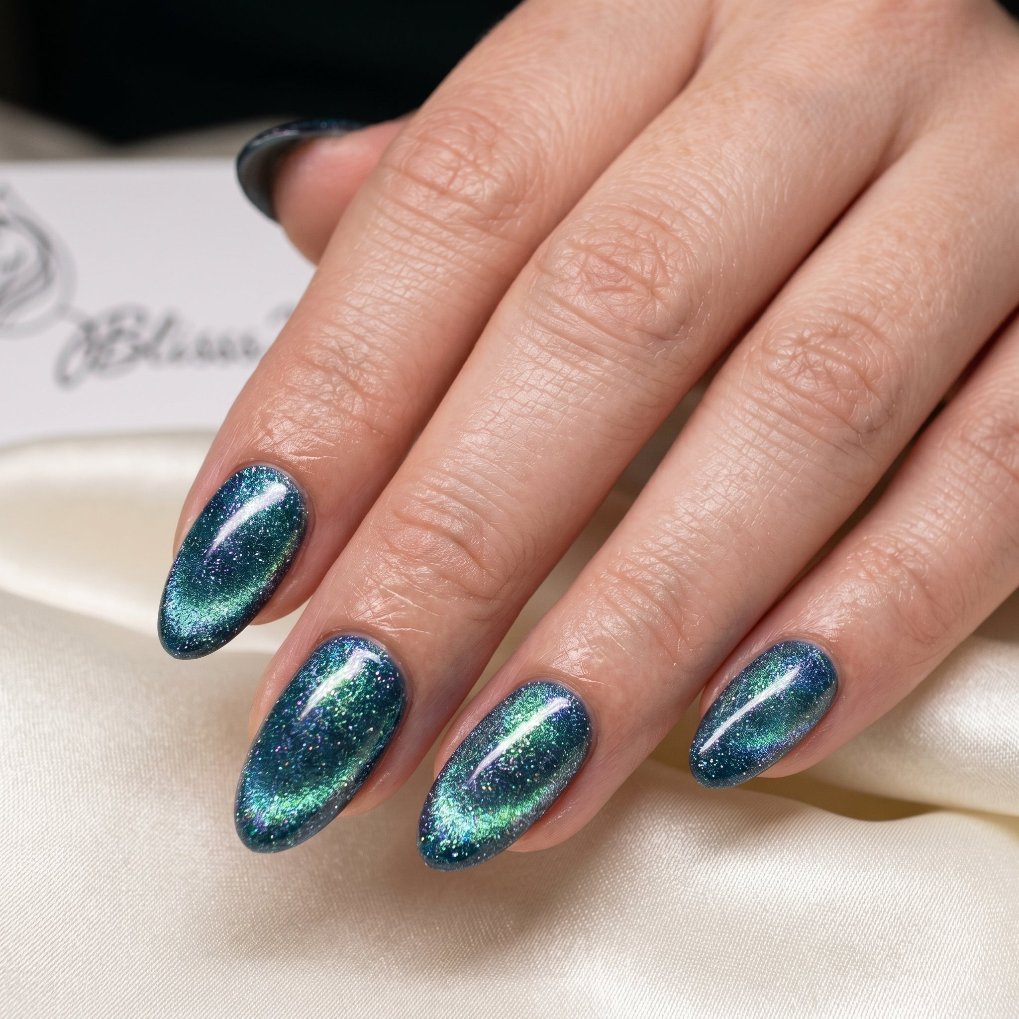 Blisss Nails Handmade Premium Press On Nails - Galactic Steel Blue Cat Eye Magnetic Effect, Reusable Artificial Nails, Short Almond Stiletto Shape, Luxury Shimmer Finish Salon-Quality 10 Pcs Nail Set