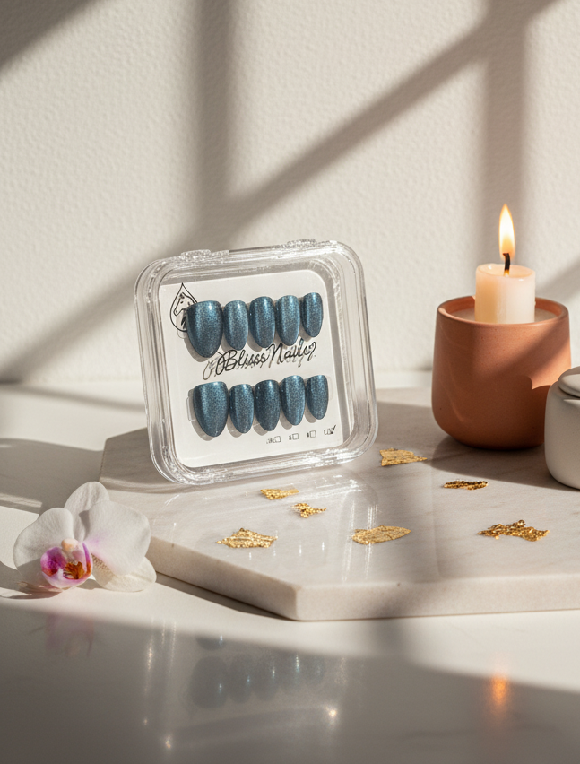 Blisss Nails Handmade Premium Press On Nails - Galactic Steel Blue Cat Eye Magnetic Effect, Reusable Artificial Nails, Short Almond Stiletto Shape, Luxury Shimmer Finish Salon-Quality 10 Pcs Nail Set