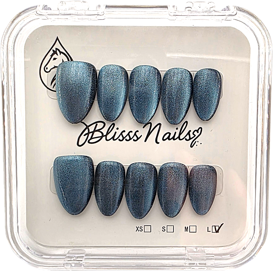 Blisss Nails Handmade Premium Press On Nails - Galactic Steel Blue Cat Eye Magnetic Effect, Reusable Artificial Nails, Short Almond Stiletto Shape, Luxury Shimmer Finish Salon-Quality 10 Pcs Nail Set