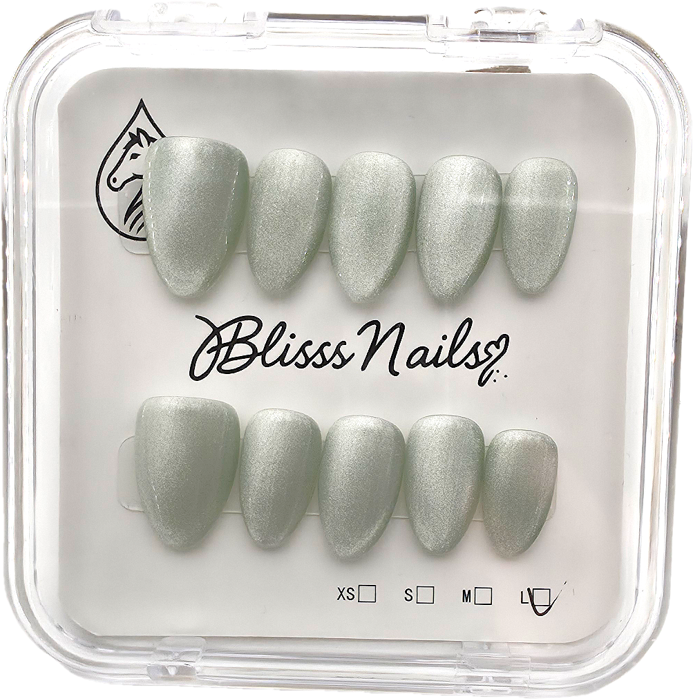 Blisss Nails Handmade Premium Press On Nails - Frosted Pistachio Green Cat Eye Magnetic Effect, Reusable Artificial Nails, Short Almond Stiletto Shape, Luxury Shimmer Finish Salon-Quality Fake Nails 10 Pcs Nail Set