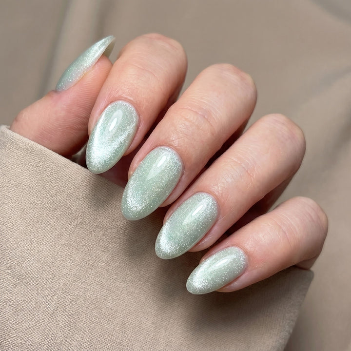 Blisss Nails Handmade Premium Press On Nails - Frosted Pistachio Green Cat Eye Magnetic Effect, Reusable Artificial Nails, Short Almond Stiletto Shape, Luxury Shimmer Finish Salon-Quality Fake Nails 10 Pcs Nail Set