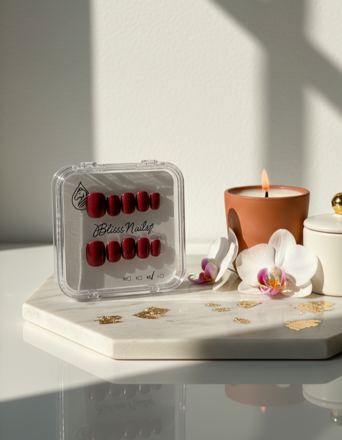 Blisss Nails Handmade Premium Press On Nails - Crimson Ruby Red Cat Eye Magnetic Effect, Reusable Artificial Nails, Short Square Round Shape, Luxury Shimmer Finish Salon-Quality False Nails 10 Pcs Nail Set