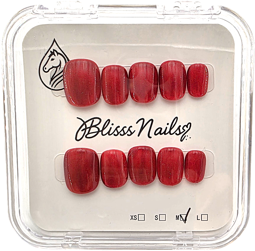 Blisss Nails Handmade Premium Press On Nails - Crimson Ruby Red Cat Eye Magnetic Effect, Reusable Artificial Nails, Short Square Round Shape, Luxury Shimmer Finish Salon-Quality Fake Nails 10 Pcs Nail Set