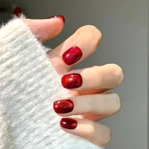 Blisss Nails Handmade Premium Press On Nails - Crimson Ruby Red Cat Eye Magnetic Effect, Reusable Artificial Nails, Short Square Round Shape, Luxury Shimmer Finish Salon-Quality Fake Nails 10 Pcs Nail Set