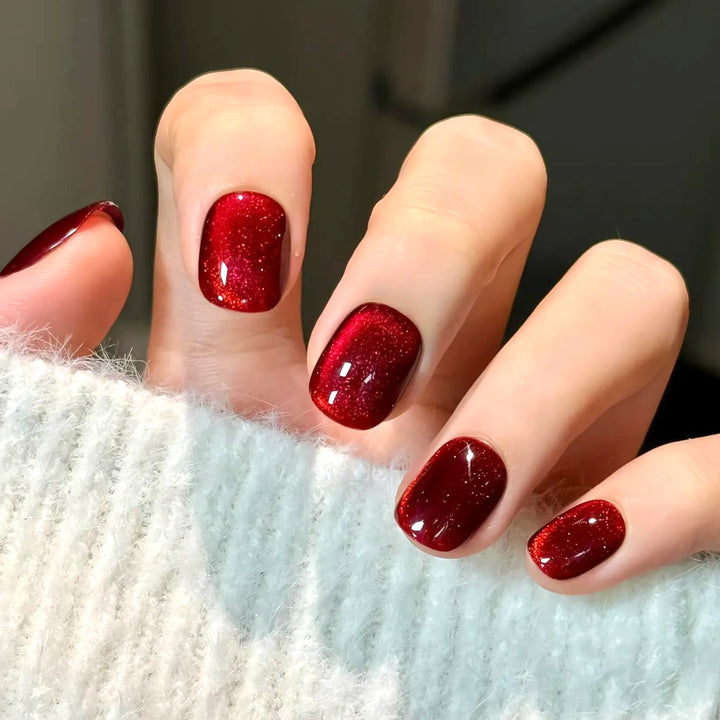 Blisss Nails Handmade Premium Press On Nails - Crimson Ruby Red Cat Eye Magnetic Effect, Reusable Artificial Nails, Short Square Round Shape, Luxury Shimmer Finish Salon-Quality Fake Nails 10 Pcs Nail Set