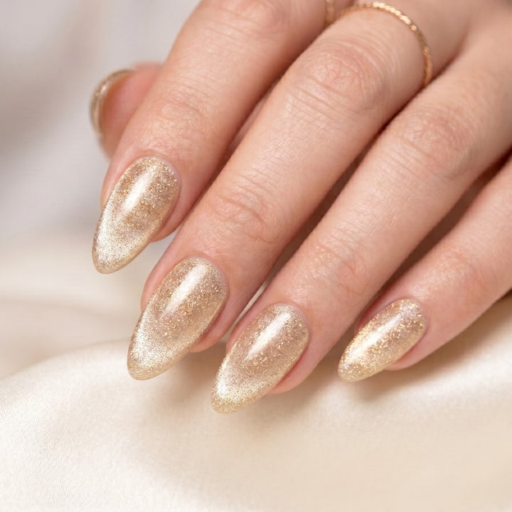 Blisss Nails Handmade Premium Press On Nails – Champagne Gold Silk Cat Eye Magnetic Effect, Reusable Artificial Nails, Short Almond Stiletto Shape, Luxury Shimmer Finish Salon-Quality False Nails 10 Pcs Nail Set