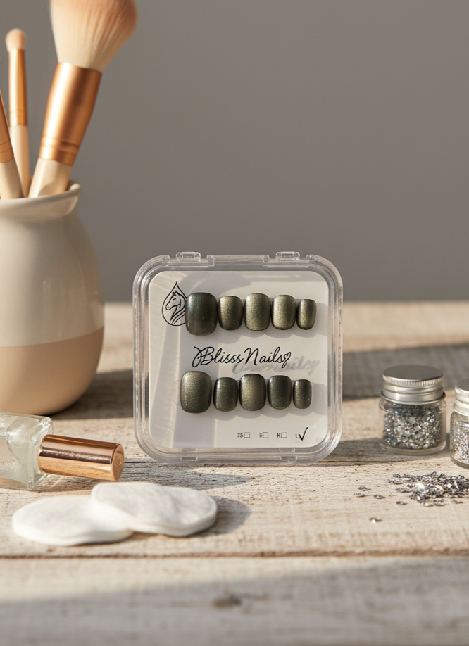 Blisss Nails Handmade Premium Press On Nails - Olive Green Graphite Cat Eye Magnetic Effect, Reusable Artificial Nails, Short Square Round Shape, Luxury Shimmer Finish Salon-Quality Fake Nails 10 Pcs Nail Set