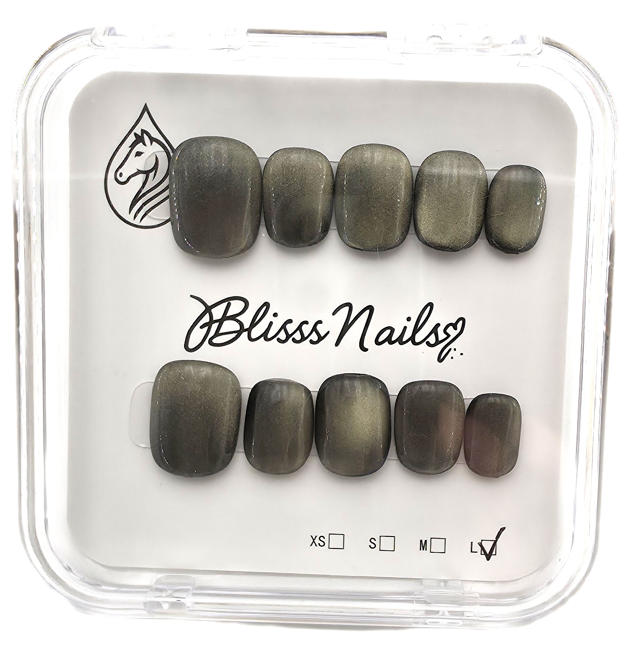 Blisss Nails Handmade Premium Press On Nails - Olive Green Graphite Cat Eye Magnetic Effect, Reusable Artificial Nails, Short Square Round Shape, Luxury Shimmer Finish Salon-Quality Fake Nails 10 Pcs Nail Set