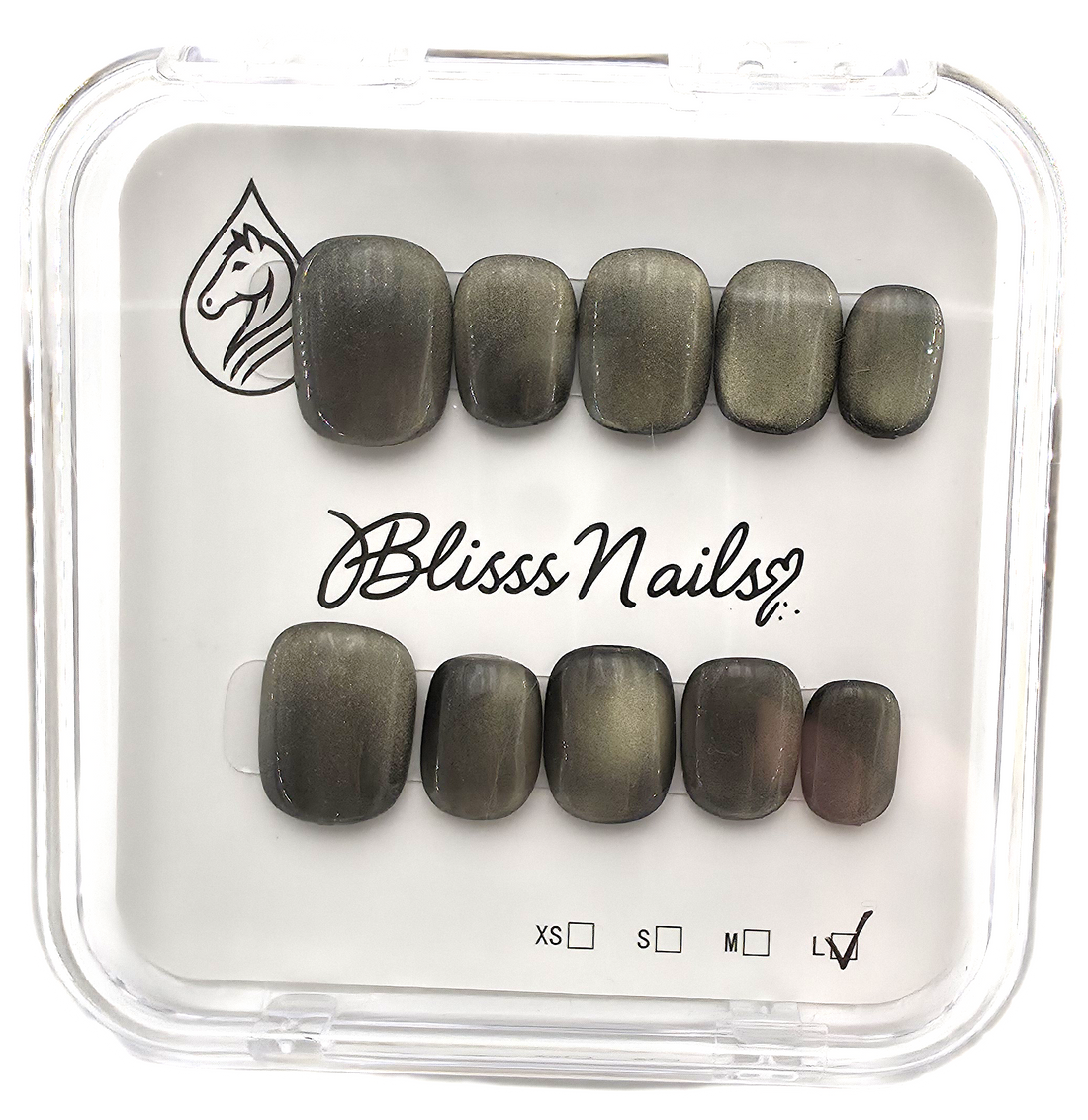 Blisss Nails Handmade Premium Press On Nails - Olive Green Graphite Cat Eye Magnetic Effect, Reusable Artificial Nails, Short Square Round Shape, Luxury Shimmer Finish Salon-Quality Fake Nails 10 Pcs Nail Set