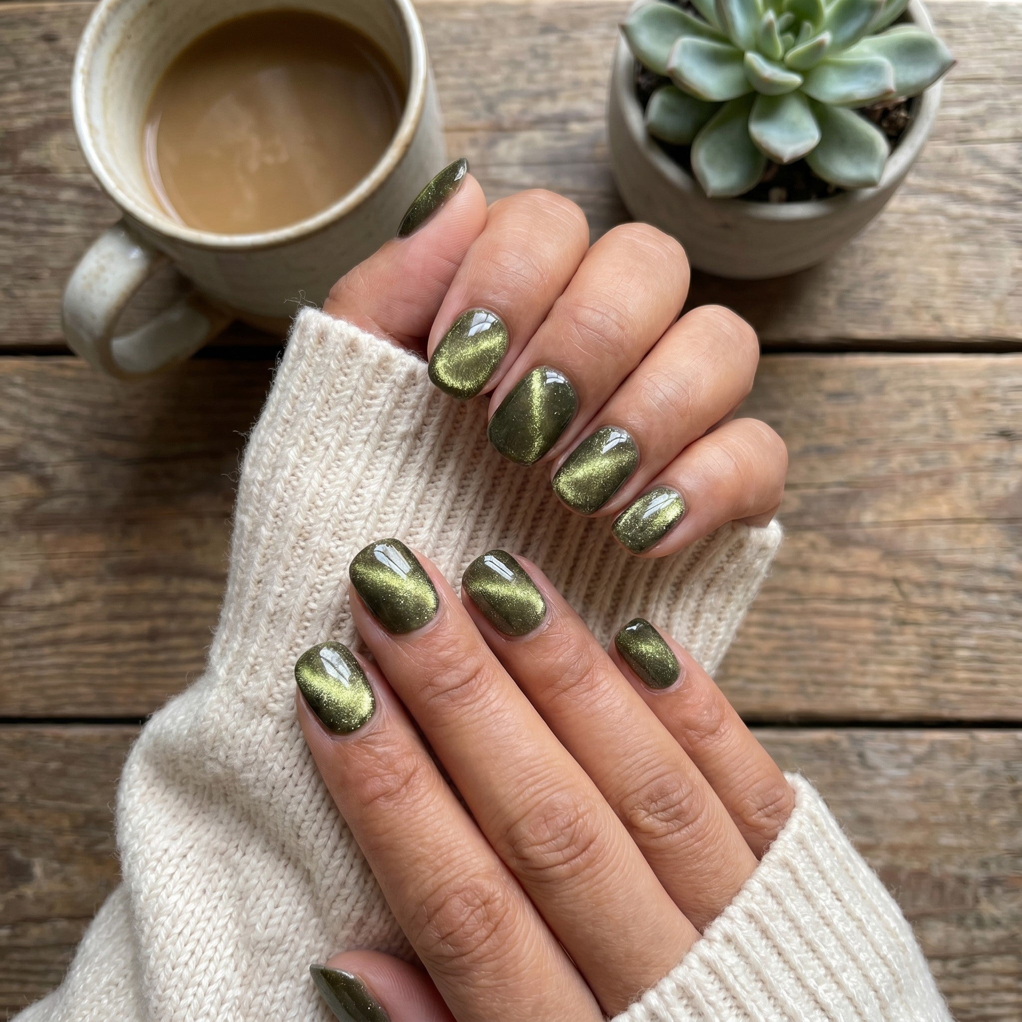 Blisss Nails Handmade Premium Press On Nails - Olive Green Graphite Cat Eye Magnetic Effect, Reusable Artificial Nails, Short Square Round Shape, Luxury Shimmer Finish Salon-Quality Fake Nails 10 Pcs Nail Set