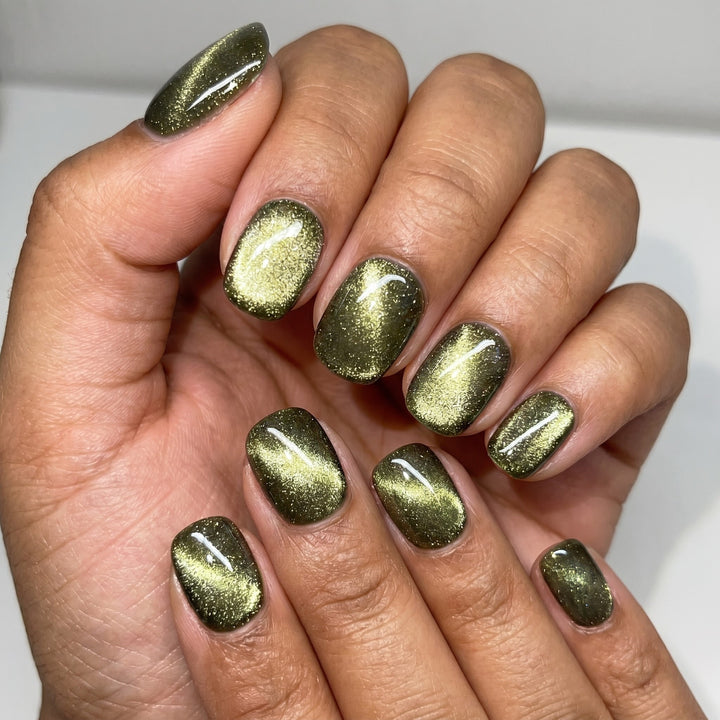 Blisss Nails Handmade Premium Press On Nails - Olive Green Graphite Cat Eye Magnetic Effect, Reusable Artificial Nails, Short Square Round Shape, Luxury Shimmer Finish Salon-Quality Fake Nails 10 Pcs Nail Set