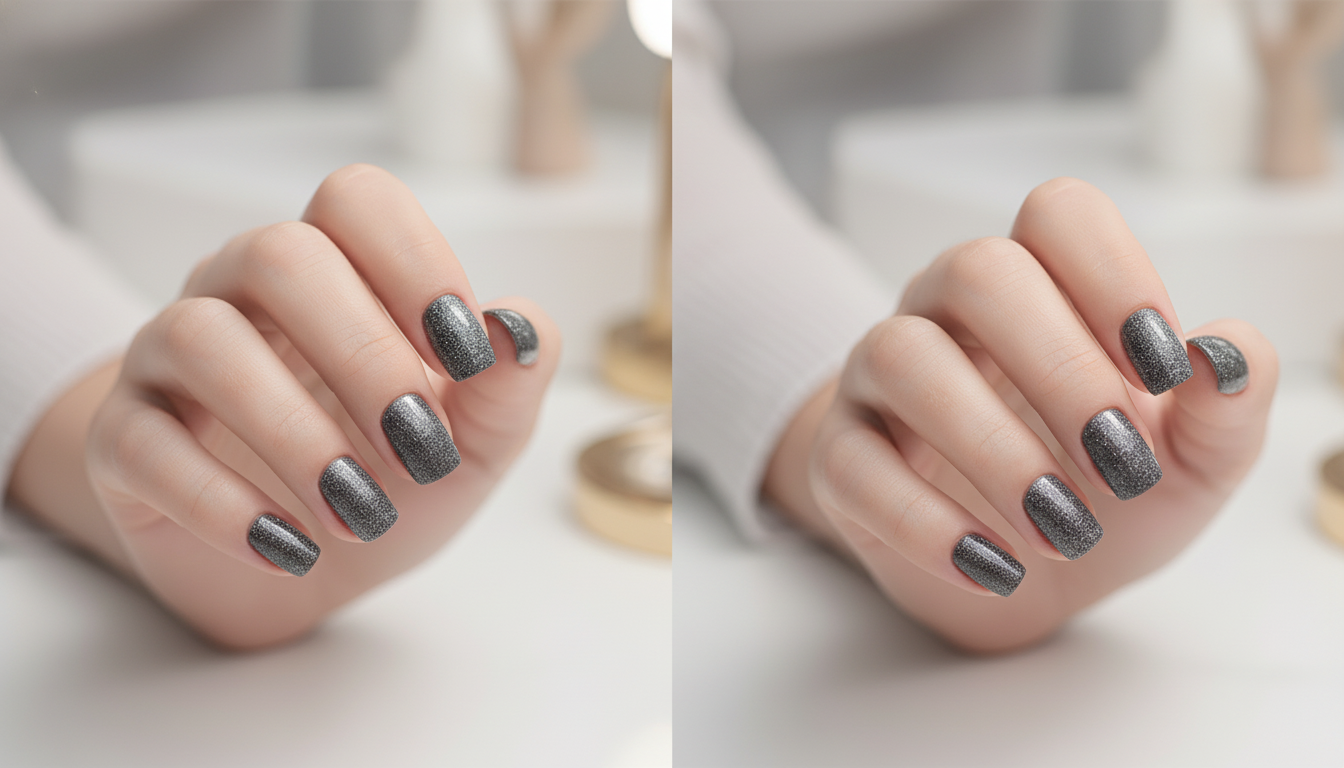 Blisss Nails Handmade Premium Press On Nails – Grey Smoky Graphite Stardust Cat Eye Magnetic Effect, Reusable Artificial Nails, Short Square Round Shape, Luxury Shimmer Finish Salon-Quality False Nails 10 Pcs Nail Set