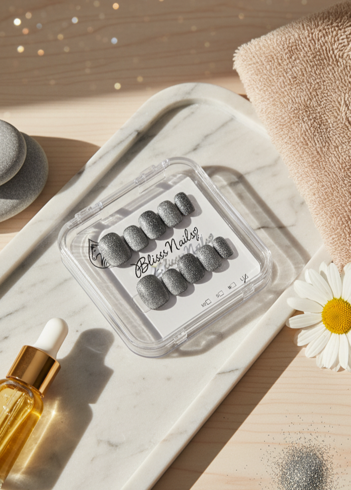 Blisss Nails Handmade Premium Press On Nails – Grey Smoky Graphite Stardust Cat Eye Magnetic Effect, Reusable Artificial Nails, Short Square Round Shape, Luxury Shimmer Finish Salon-Quality False Nails 10 Pcs Nail Set