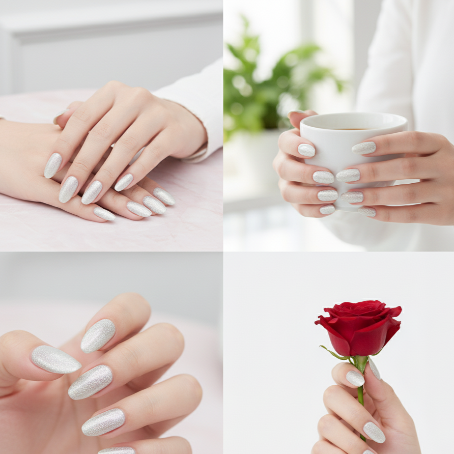 Blisss Nails Handmade Premium Press On Nails - Moonlight Silver White Frost Cat Eye Magnetic Effect, Reusable Artificial Nails, Short Almond Stiletto Shape, Luxury Shimmer Finish Salon-Quality False Nails 10 Pcs Nail Set