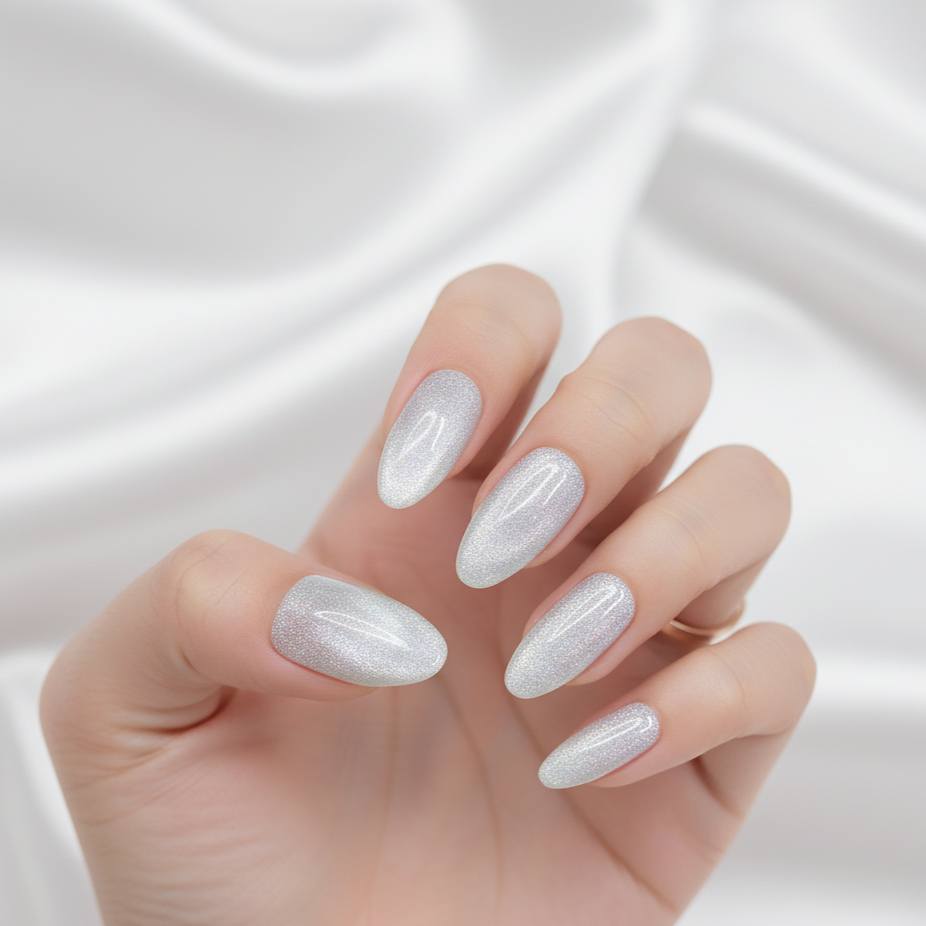 Blisss Nails Handmade Premium Press On Nails - Moonlight Silver White Frost Cat Eye Magnetic Effect, Reusable Artificial Nails, Short Almond Stiletto Shape, Luxury Shimmer Finish Salon-Quality False Nails 10 Pcs Nail Set