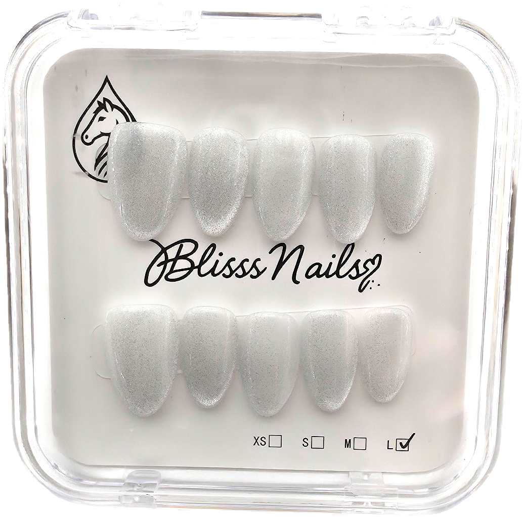 Blisss Nails Handmade Premium Press On Nails - Moonlight Silver White Frost Cat Eye Magnetic Effect, Reusable Artificial Nails, Short Almond Stiletto Shape, Luxury Shimmer Finish Salon-Quality False Nails 10 Pcs Nail Set
