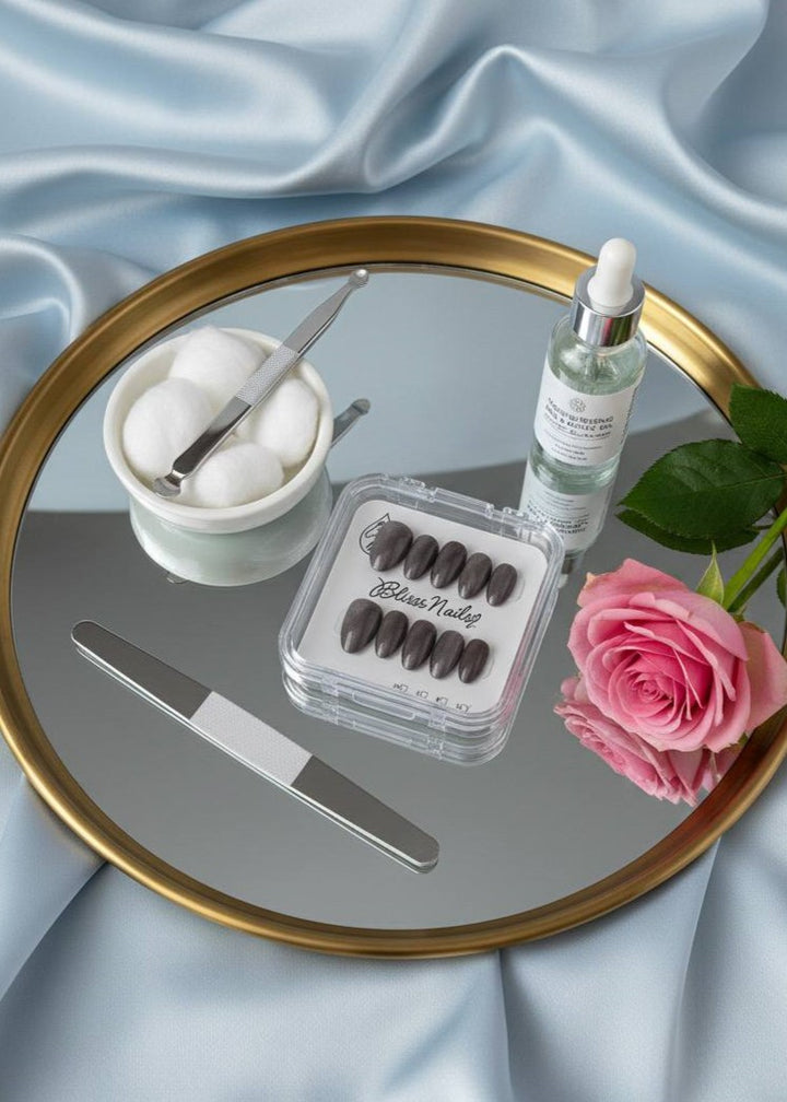 Blisss Nails Handmade Premium Press On Nails - Deep Charcoal Grey Cat Eye Magnetic Effect, Reusable Artificial Nails, Short Almond Stiletto Shape, Luxury Shimmer Finish Salon-Quality 10 Pcs Nail Set