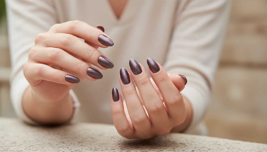 Blisss Nails Handmade Premium Press On Nails - Deep Charcoal Grey Cat Eye Magnetic Effect, Reusable Artificial Nails, Short Almond Stiletto Shape, Luxury Shimmer Finish Salon-Quality 10 Pcs Nail Set