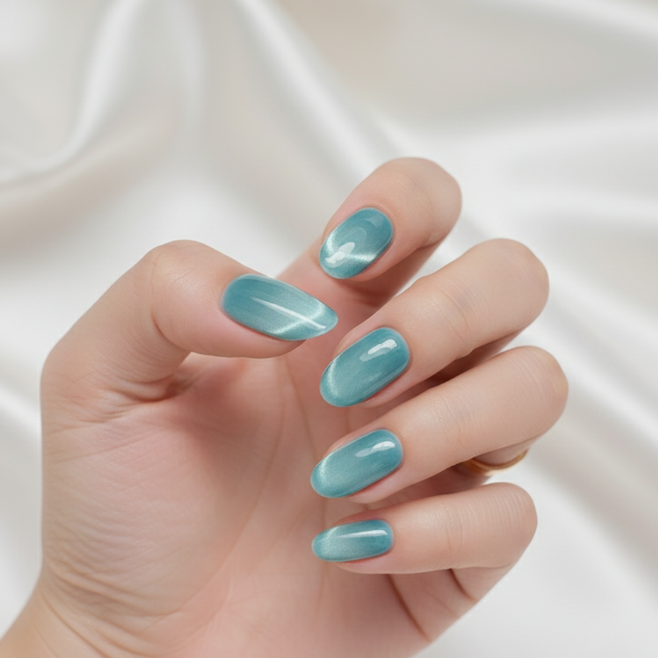 Blisss Nails Handmade Premium Press On Nails - French Blue Halo Cat Eye Magnetic Effect, Reusable Artificial Nails, Short Almond Stiletto Shape, Luxury Shimmer Finish Salon-Quality False Nails 10 Pcs Nail Set