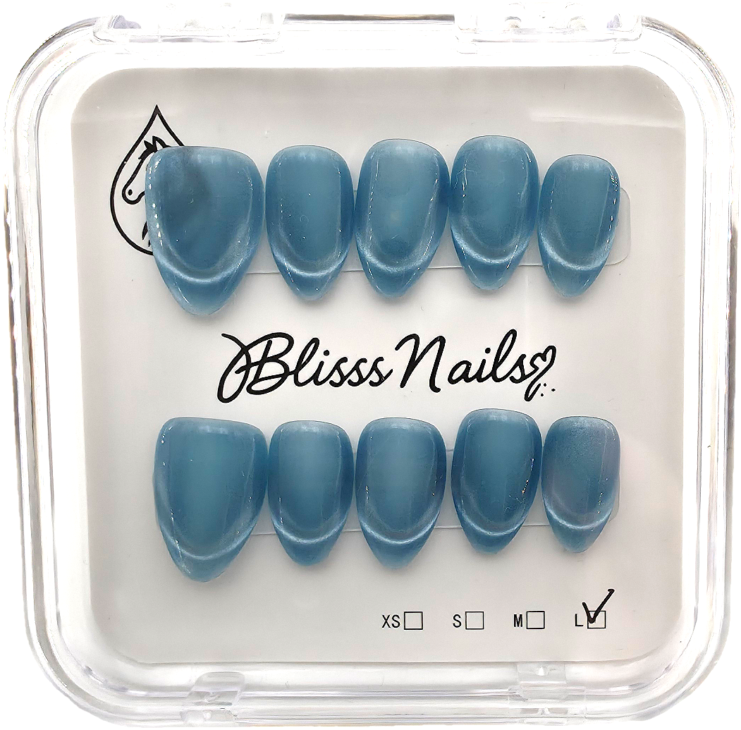 Blisss Nails Handmade Premium Press On Nails - French Blue Halo Cat Eye Magnetic Effect, Reusable Artificial Nails, Short Almond Stiletto Shape, Luxury Shimmer Finish Salon-Quality False Nails 10 Pcs Nail Set
