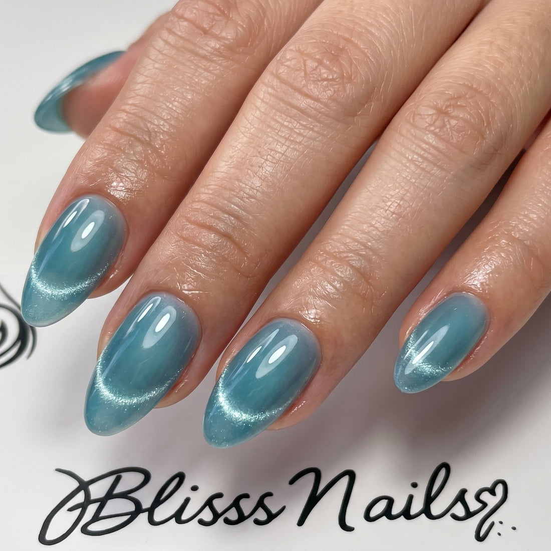 Blisss Nails Handmade Premium Press On Nails - French Blue Halo Cat Eye Magnetic Effect, Reusable Artificial Nails, Short Almond Stiletto Shape, Luxury Shimmer Finish Salon-Quality Fake Nails 10 Pcs Nail Set