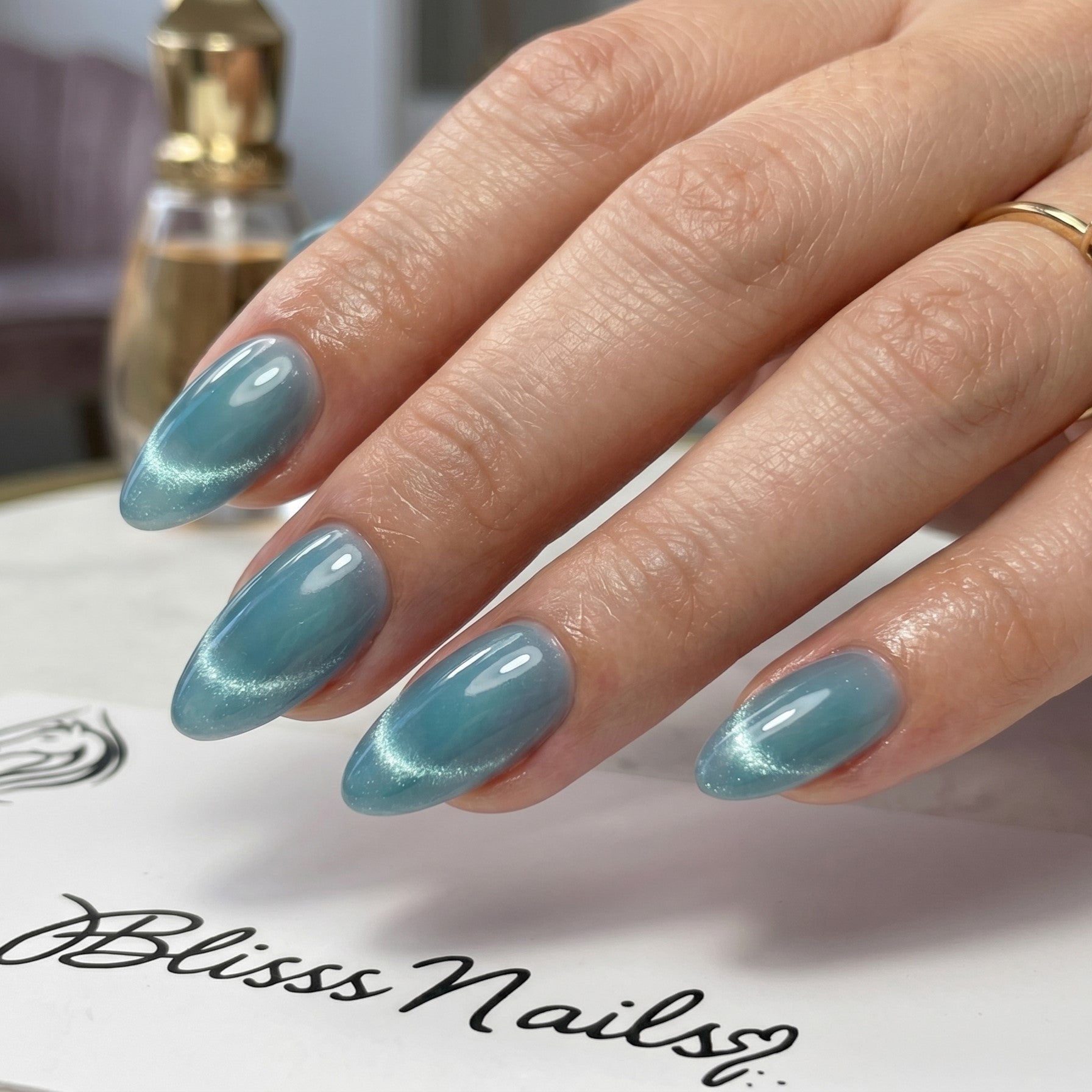 Blisss Nails Handmade Premium Press On Nails - French Blue Halo Cat Eye Magnetic Effect, Reusable Artificial Nails, Short Almond Stiletto Shape, Luxury Shimmer Finish Salon-Quality Fake Nails 10 Pcs Nail Set