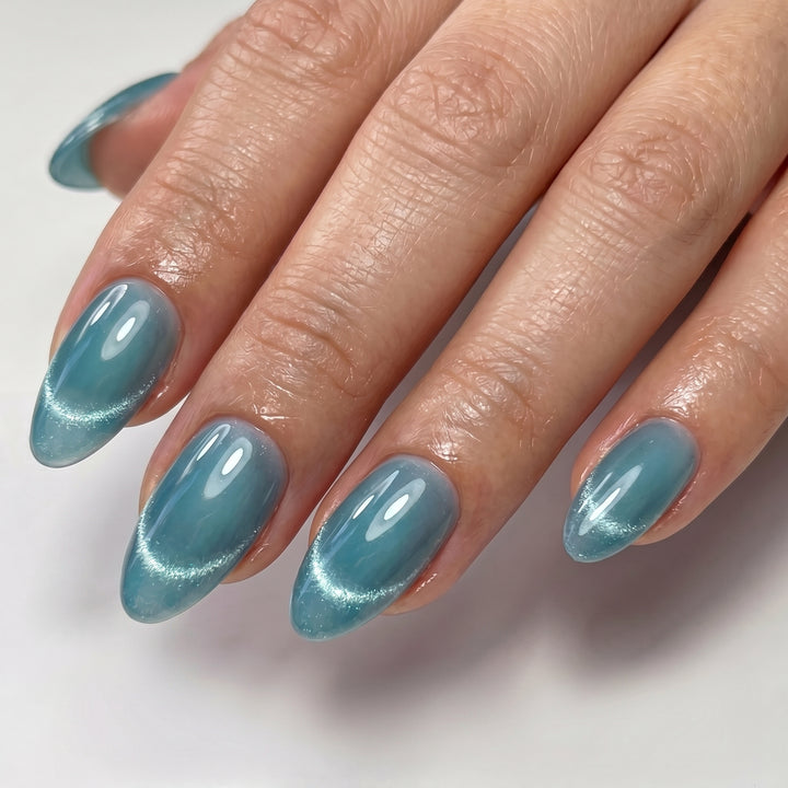 Blisss Nails Handmade Premium Press On Nails - French Blue Halo Cat Eye Magnetic Effect, Reusable Artificial Nails, Short Almond Stiletto Shape, Luxury Shimmer Finish Salon-Quality Fake Nails 10 Pcs Nail Set