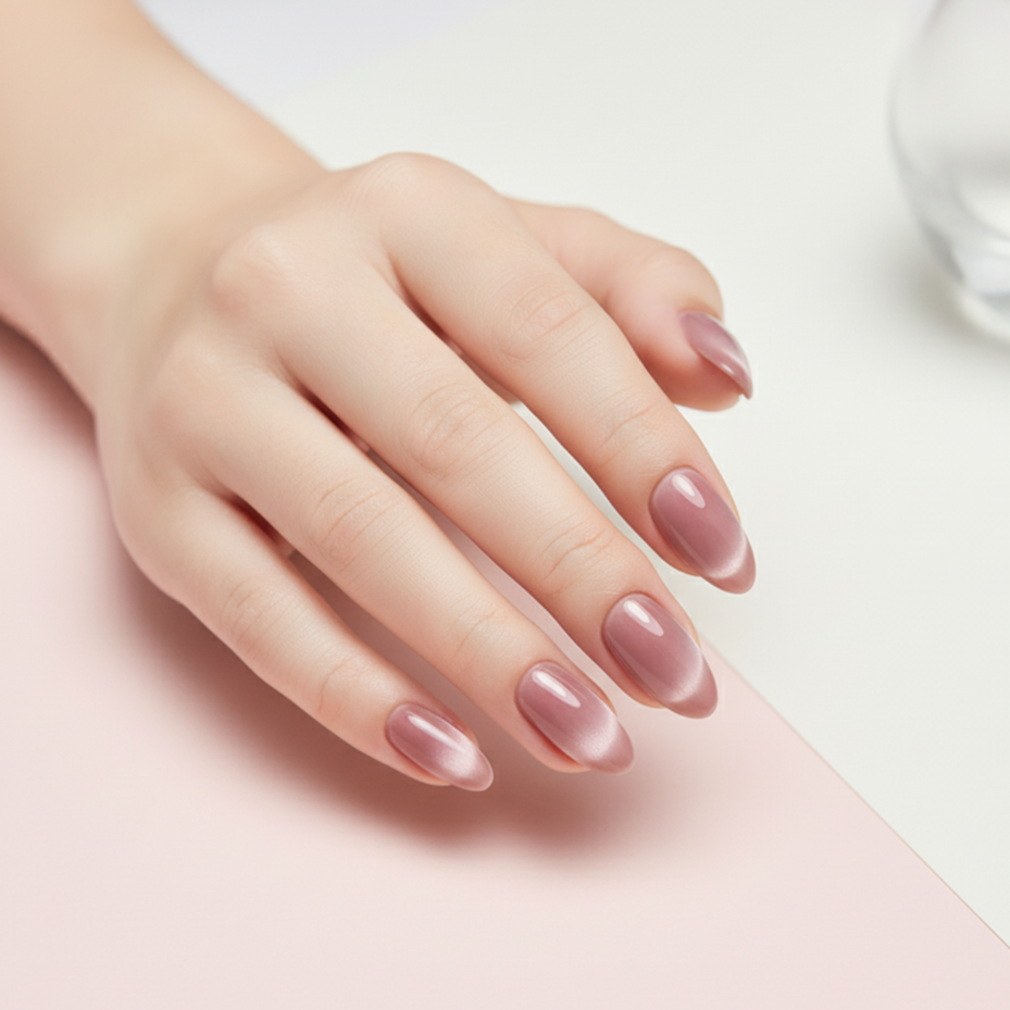 Blisss Nails Handmade Premium Press On Nails - Dusty Pink Rose Halo Cat Eye Magnetic Effect, Reusable Artificial Nails, Short Almond Stiletto Shape, Luxury Shimmer Finish Salon-Quality False Nails 10 Pcs Nail Set