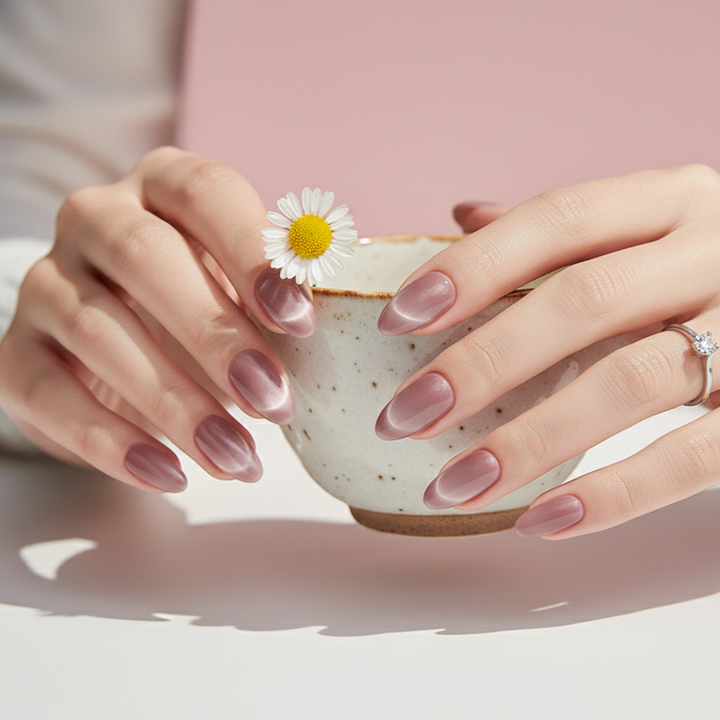 Blisss Nails Handmade Premium Press On Nails - Dusty Pink Rose Halo Cat Eye Magnetic Effect, Reusable Artificial Nails, Short Almond Stiletto Shape, Luxury Shimmer Finish Salon-Quality False Nails 10 Pcs Nail Set