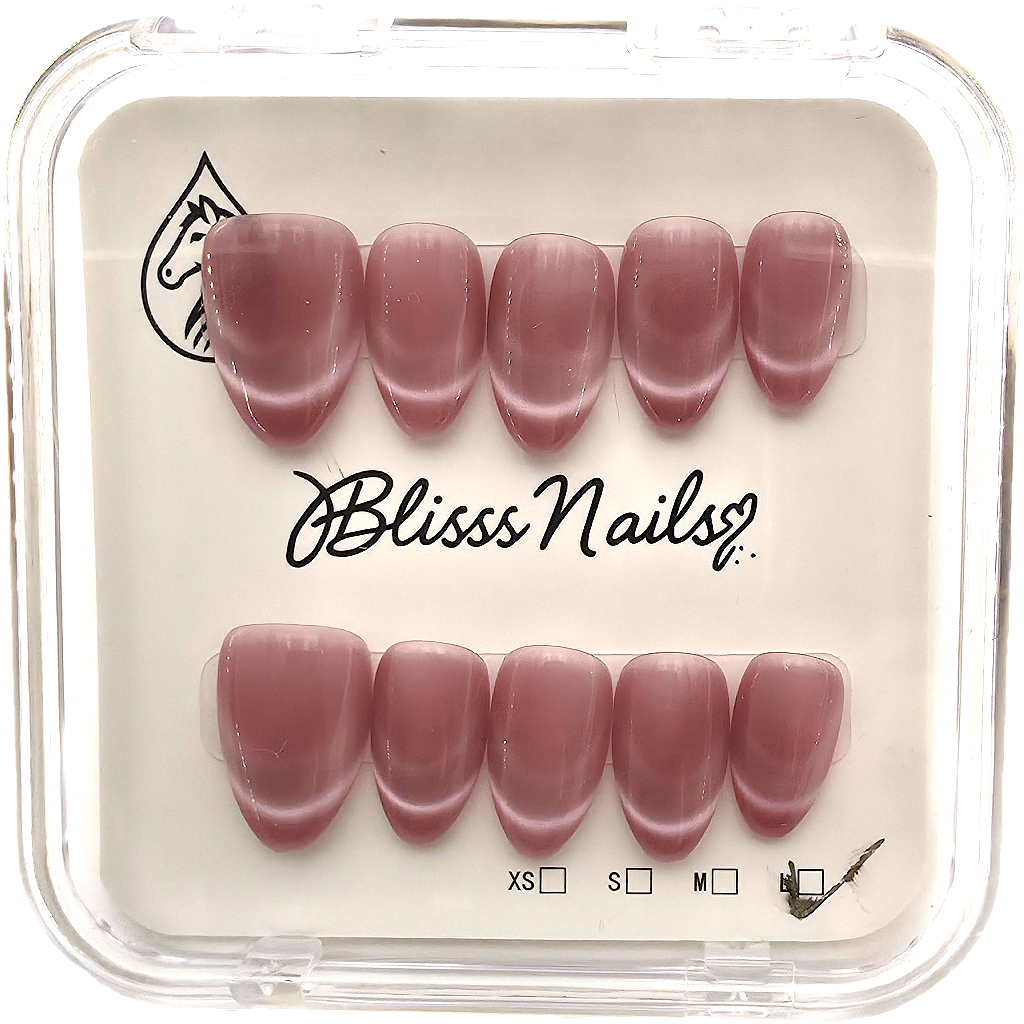 Blisss Nails Handmade Premium Press On Nails - Dusty Pink Rose Halo Cat Eye Magnetic Effect, Reusable Artificial Nails, Short Almond Stiletto Shape, Luxury Shimmer Finish Salon-Quality False Nails 10 Pcs Nail Set