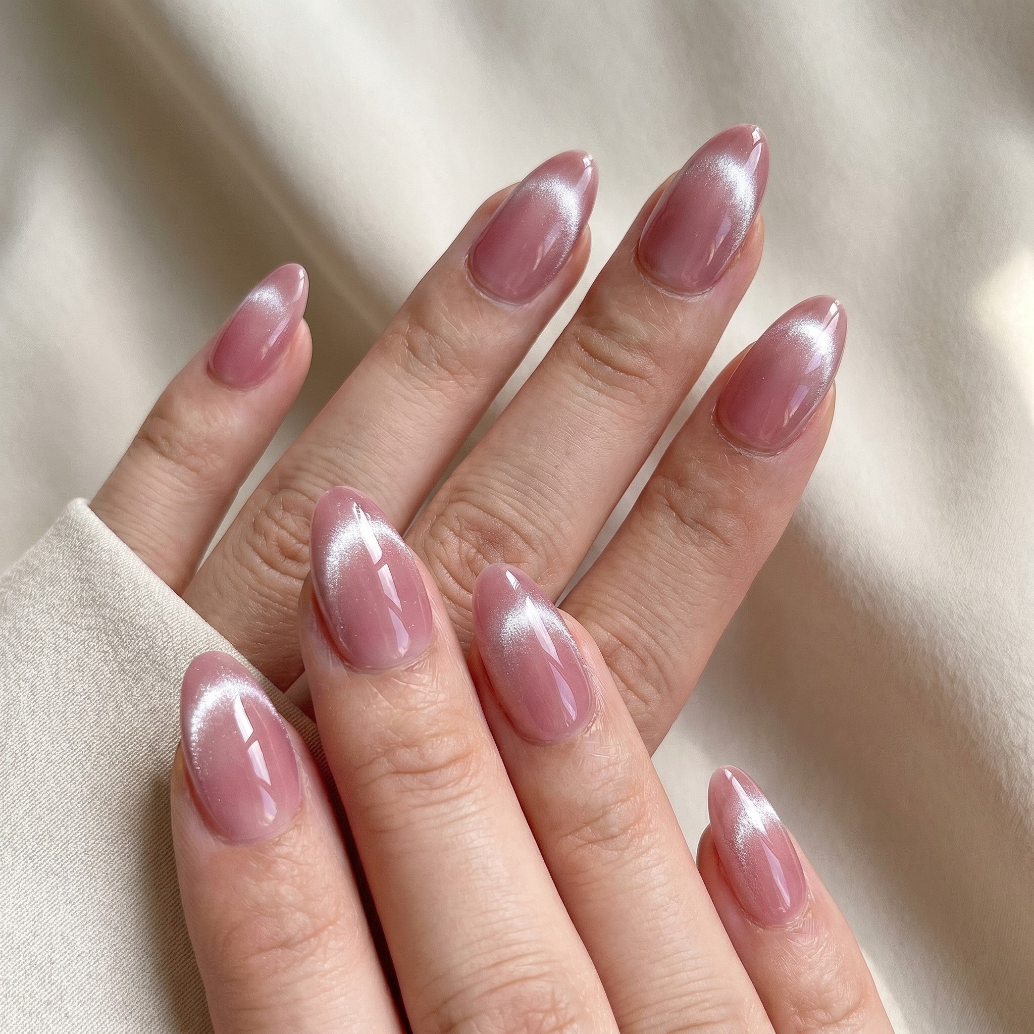 Blisss Nails Handmade Premium Press On Nails - Dusty Pink Rose Halo Cat Eye Magnetic Effect, Reusable Artificial Nails, Short Almond Stiletto Shape, Luxury Shimmer Finish Salon-Quality Fake Nails 10 Pcs Nail Set