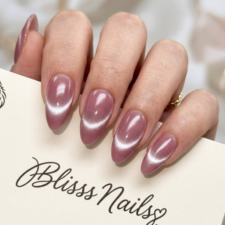 Blisss Nails Handmade Premium Press On Nails - Dusty Pink Rose Halo Cat Eye Magnetic Effect, Reusable Artificial Nails, Short Almond Stiletto Shape, Luxury Shimmer Finish Salon-Quality Fake Nails 10 Pcs Nail Set